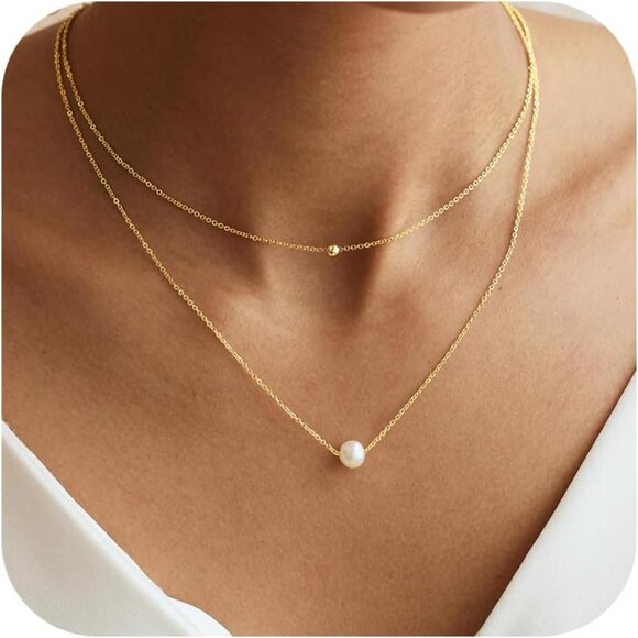Jewelry - 14K Gold Plated Dainty Pearl Necklace - 16'' with Extender for Versatile Wear